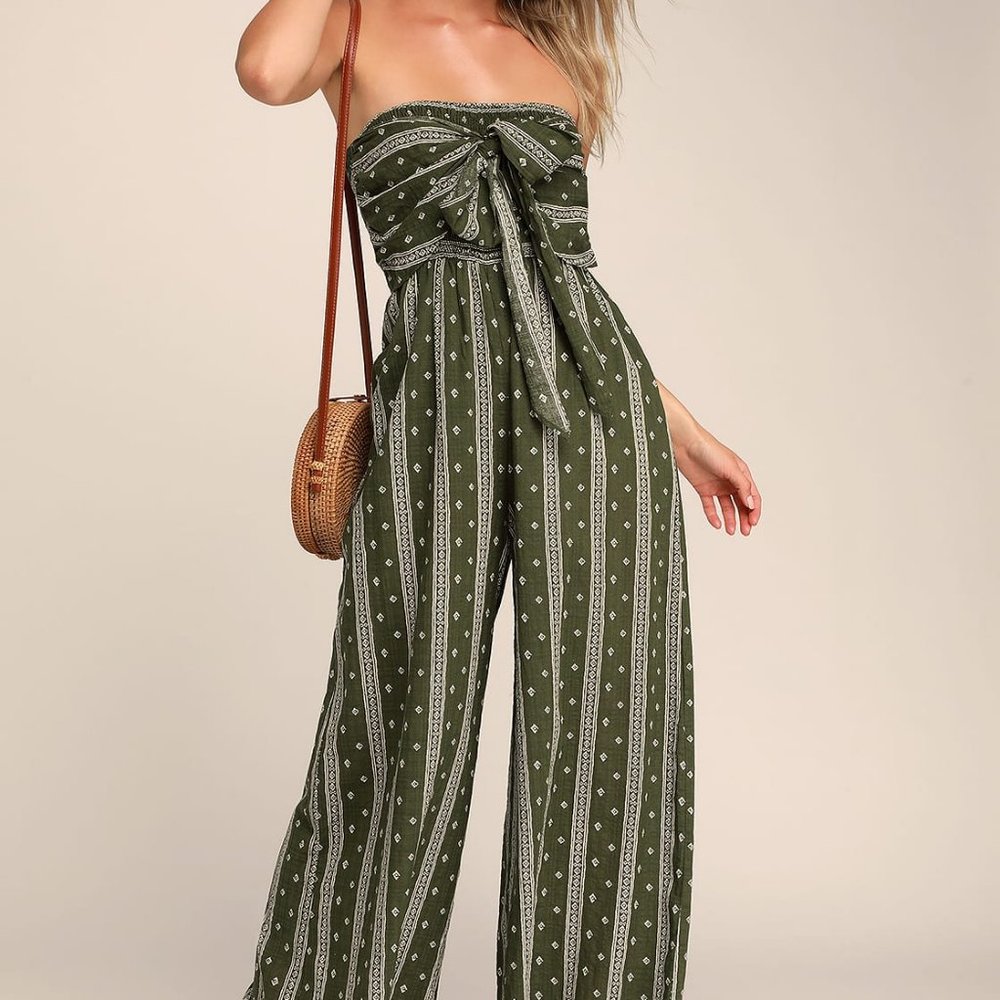 NWT Lulu's olive green white boho printed wide leg jumpsuit / romper - women's S